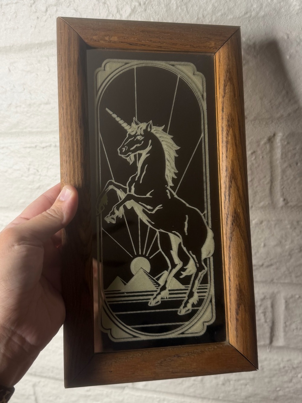 Vintage Etched Unicorn Mirror Frosted Framed Wall Art